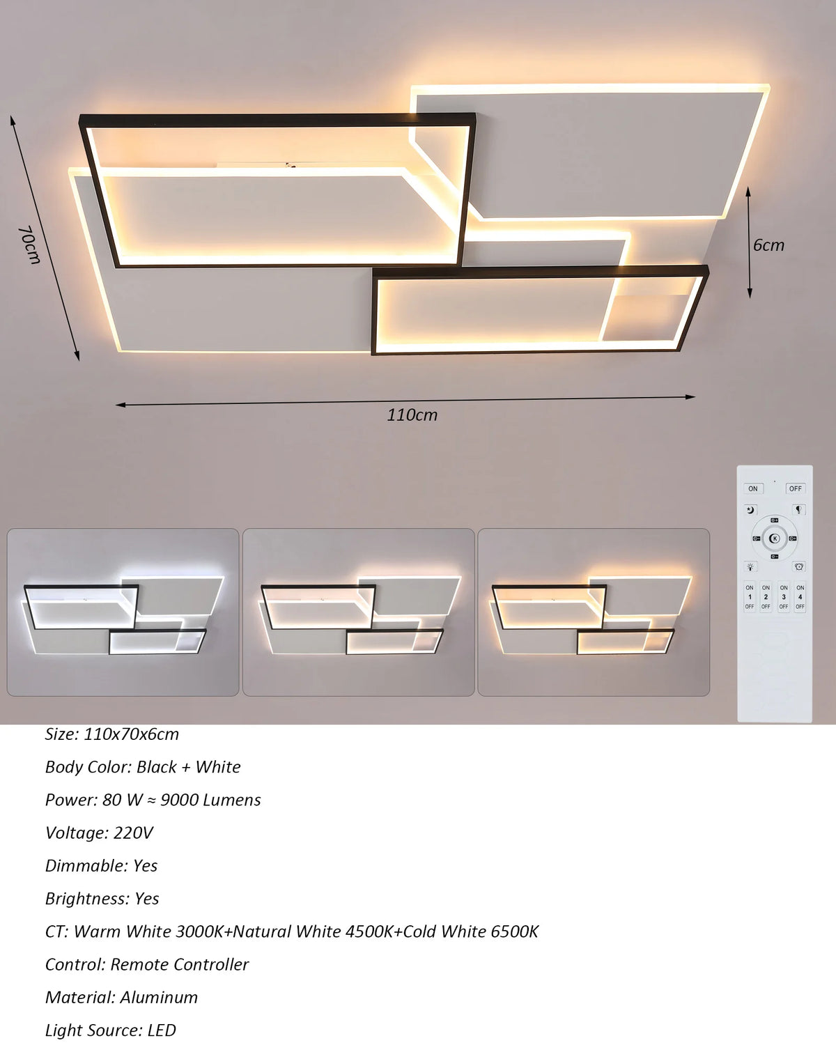 LED Ceiling Light, 40W Modern Square Dimmable Ceiling Lamp with Remote Control for Living Room Dining Room Bedroom