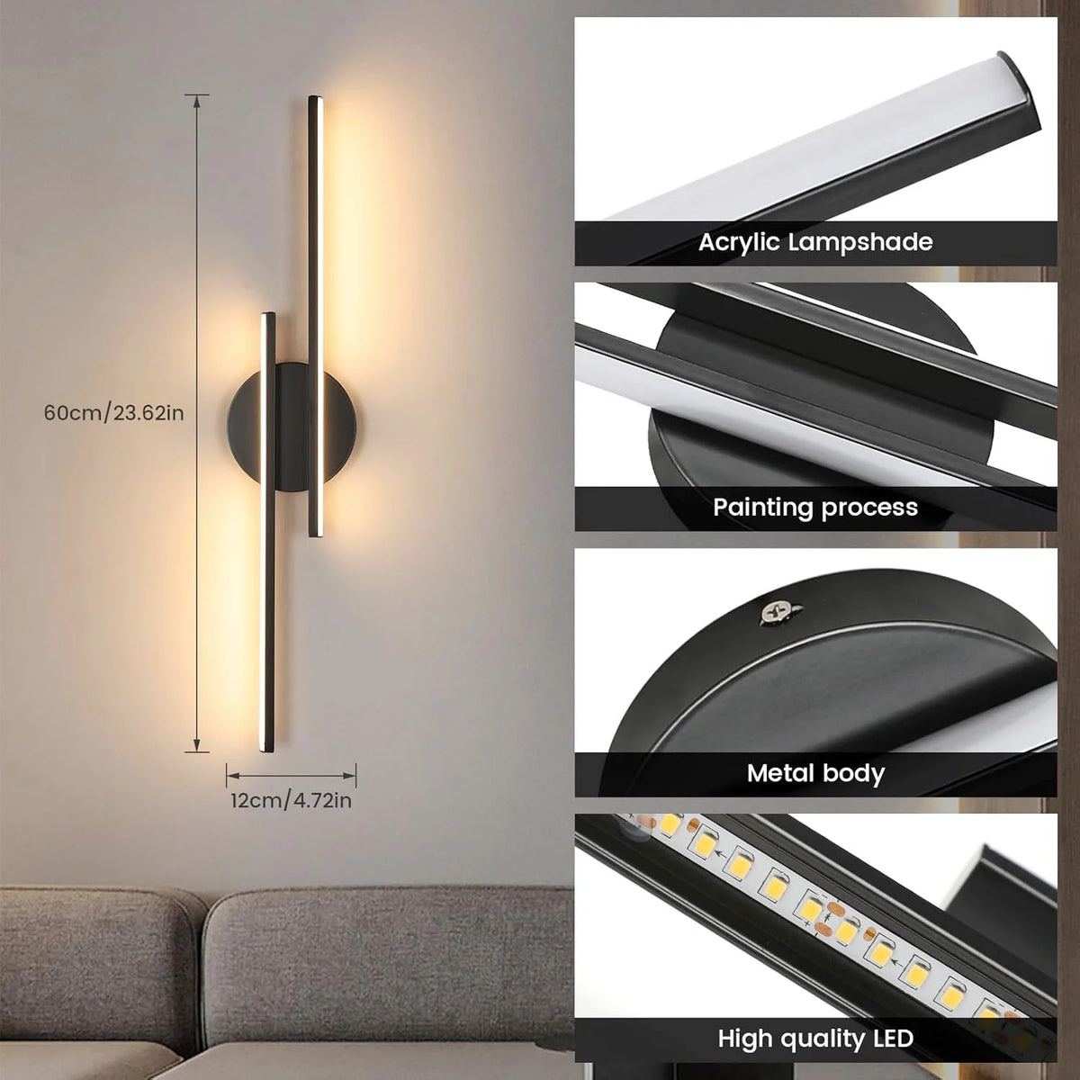 LED Interior Wall Sconce, 24W Modern Wall Light, LED Wall Light Warm White 3000K, Black Lighting LED Wall Light for Bedroom,