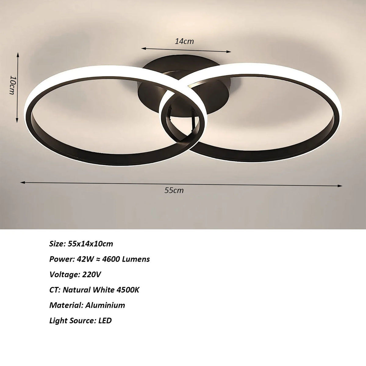 Ceiling Light Modern LED Black Double Ring Ceiling Lamp Natrual Light 4000K Lighting Fixtures for Bedroom Kitchen Living Room St