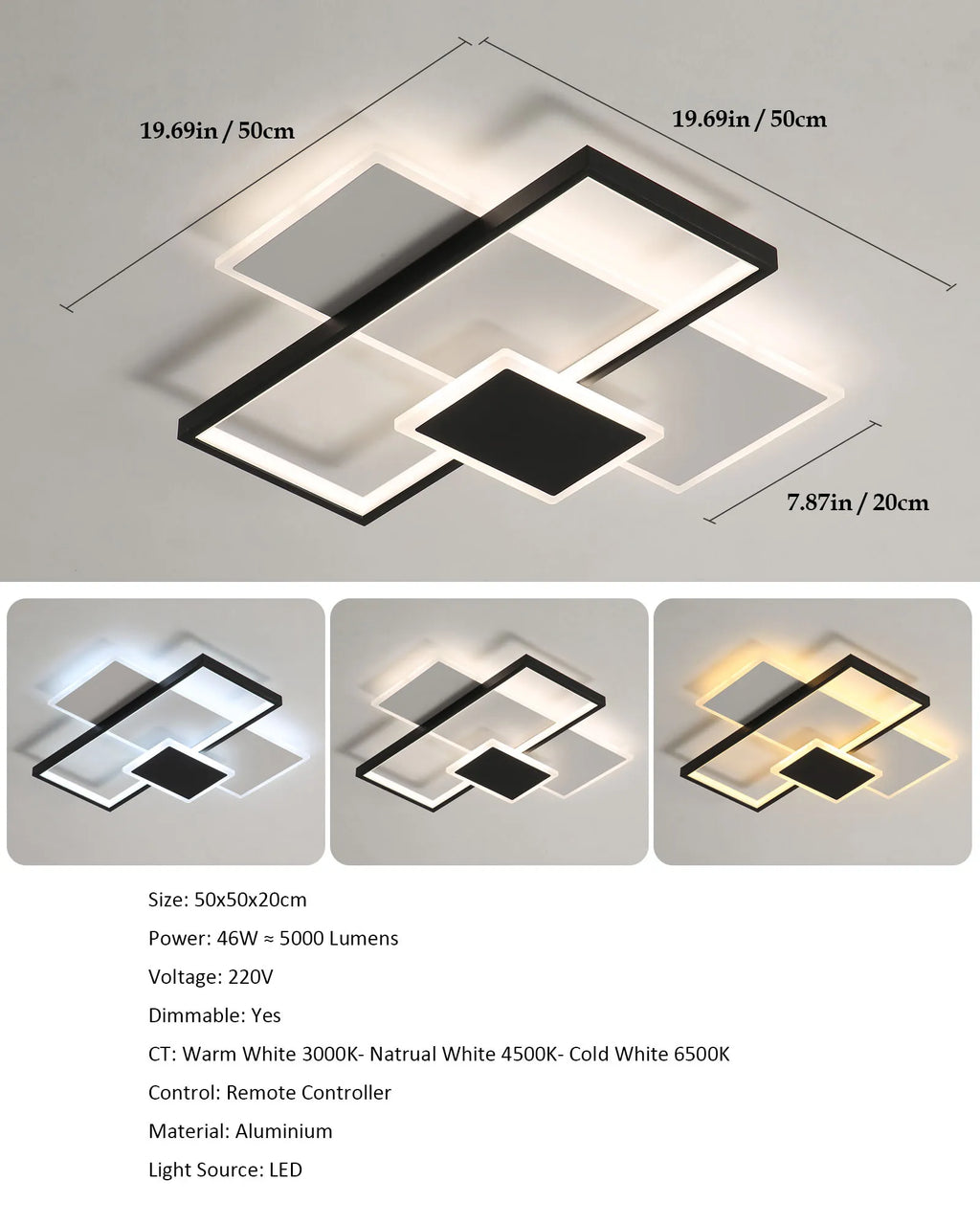 LED Ceiling Light, 40W Modern Square Dimmable Ceiling Lamp with Remote Control for Living Room Dining Room Bedroom