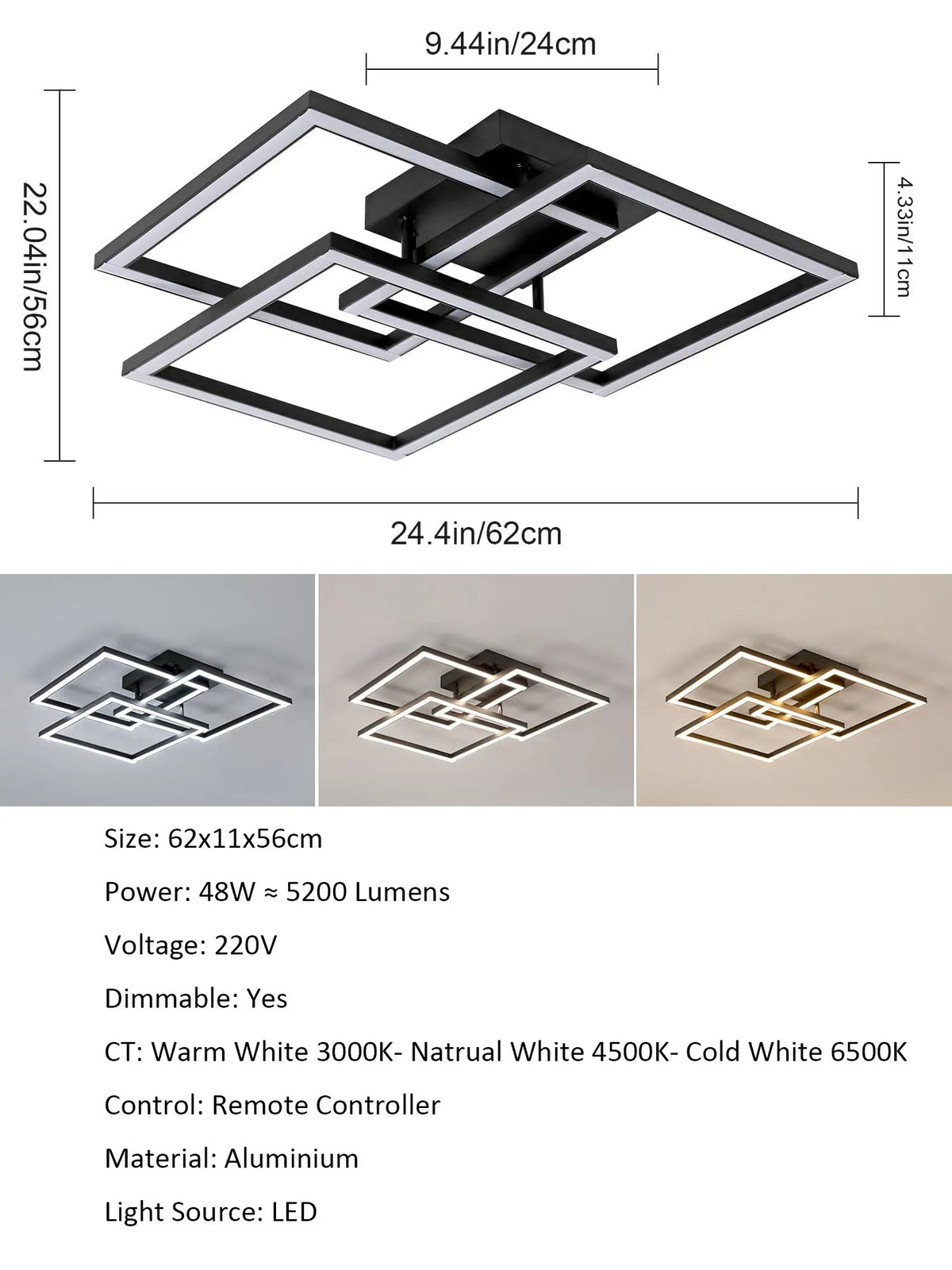 LED Ceiling Light, 40W Modern Square Dimmable Ceiling Lamp with Remote Control for Living Room Dining Room Bedroom