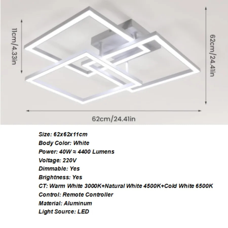 LED Ceiling Light, 40W Modern Square Dimmable Ceiling Lamp with Remote Control for Living Room Dining Room Bedroom