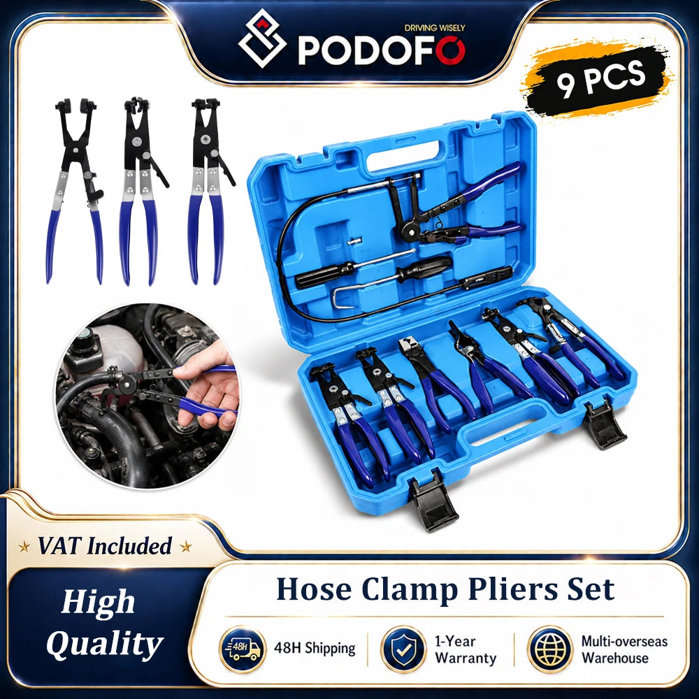 Podofo 9Pcs Wire Long Reach Hose Clamp Pliers Set Long Reach Flexible Wire Bend Type Plier Auto Fuel Oil Water Hose Clamp Remover Car Motor Repair Tools With Box Fuel Oil Water Hose Auto Tools
