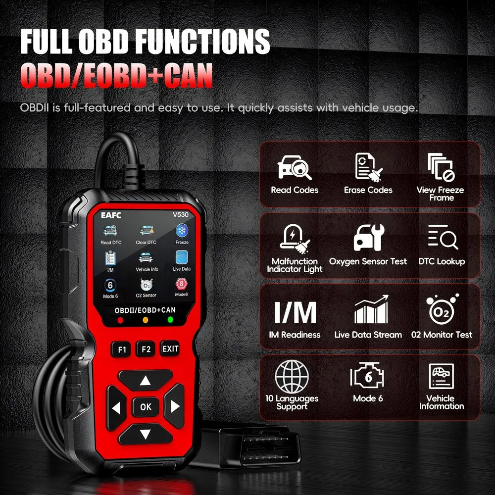 Escáner OBD2 V530 Herramienta de diagnóstico | Probador de batería, lector de códigos de falla del motor, datos en tiempo real, búsqueda de DTC, marco congelado, herramienta de escaneo