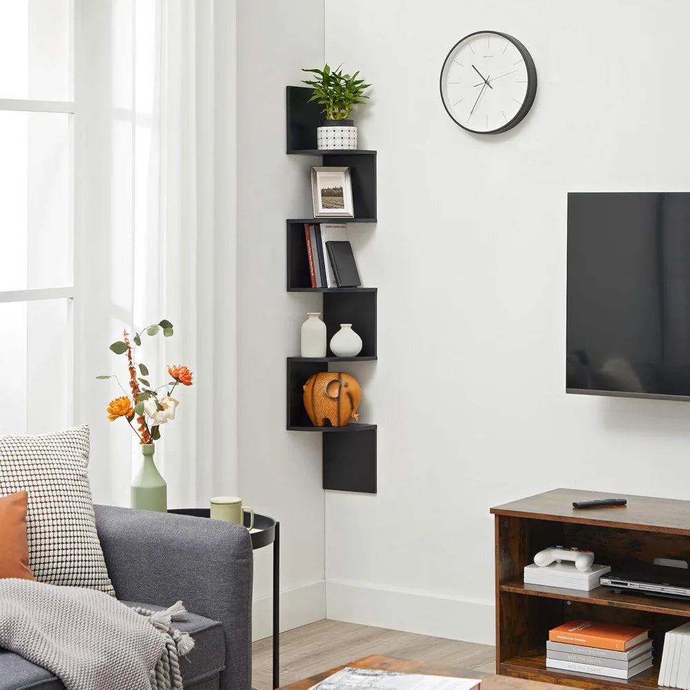 Corner Shelf 5 Tiers Floating Shelves Wall Mount Corner Shelves, Zigzag Bookshelf for Bedroom, Living Room, Office