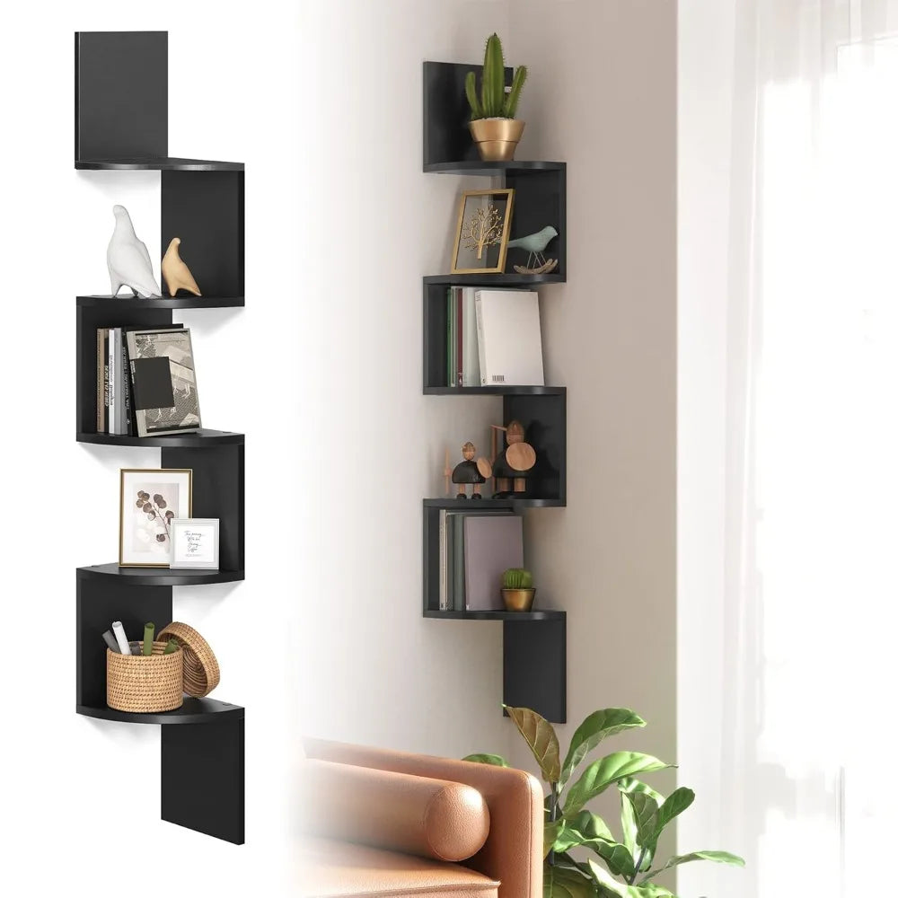 Corner Shelf 5 Tiers Floating Shelves Wall Mount Corner Shelves, Zigzag Bookshelf for Bedroom, Living Room, Office
