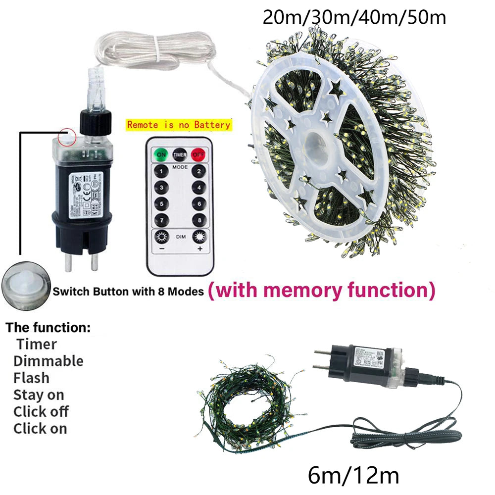 6M-75M Green Wire LED String Fairy Cluster Lights Christmas Tree Lights Outdoor Garland New Year Street Home Party Wedding Decor