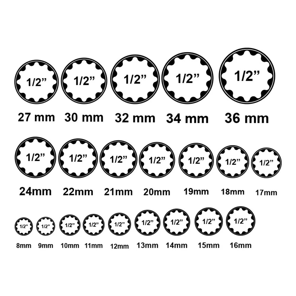 21pcs 8-36mm Gear Lock Socket Set Ratchet Wrench Tool 1/2 Torx Sockets Set 12-point Multi-Tooth Mechanic Socket Heads for Auto Repair