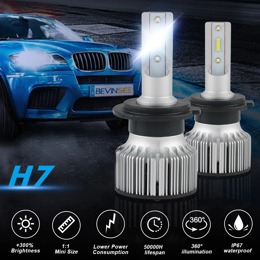 BEVINSEE H7 LED Bulb H4 LED headlight Hi/Lo Beam LED Auto Headlamp Mini Size Plug&Play 6000K White 12V, Halogen Replacement Lamp