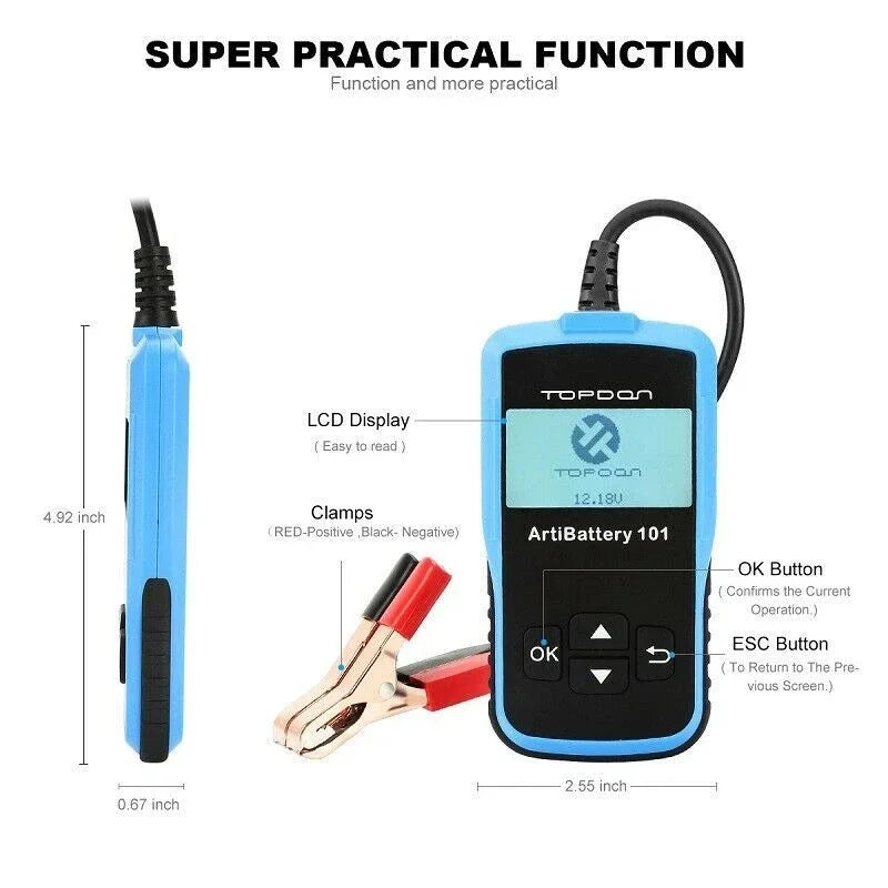TOPDON AB101 12V Car Battery Tester Analyzer Load Test for Car Truck Motorcycle Car Battery Load Tester on Cranking Charging Systems 100-2000 CCA Automotive Alternator
