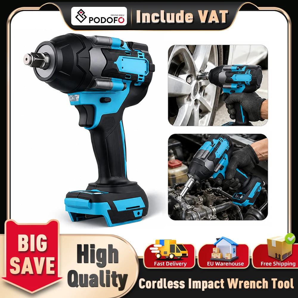 Podofo 1800 N.m Brushless Cordless Electric Impact Wrench 3 Speed Adjustable Power Handheld Screwdriver Car Truck Lawn Mower Maintenance Impact Wrench Car Repair Tool