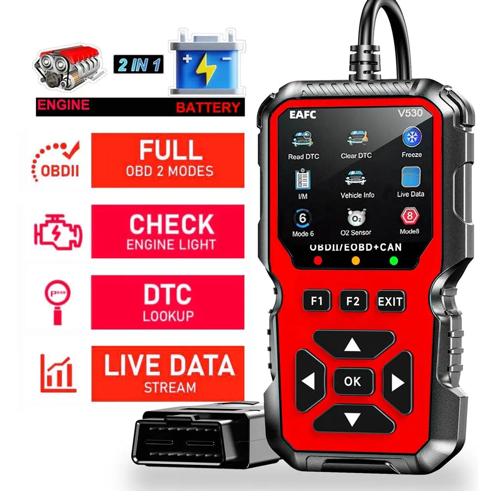V530 Obd2 Scanner Diagnostic Tool | Battery Tester, Engine Fault Code Reader, Real-Time Data, Dtc Search, Frozen Frame, Scan Tool