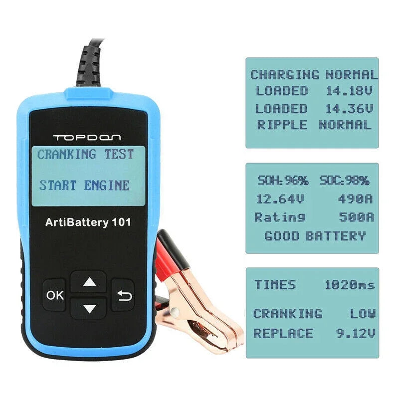 TOPDON AB101 12V Car Battery Tester Analyzer Load Test for Car Truck Motorcycle Car Battery Load Tester on Cranking Charging Systems 100-2000 CCA Automotive Alternator