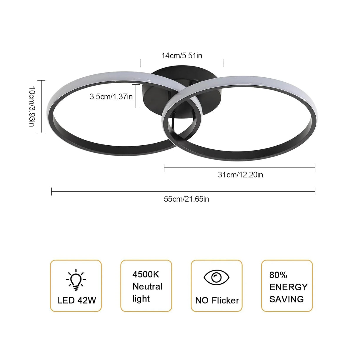 Ceiling Light Modern LED Black Double Ring Ceiling Lamp Natrual Light 4000K Lighting Fixtures for Bedroom Kitchen Living Room St