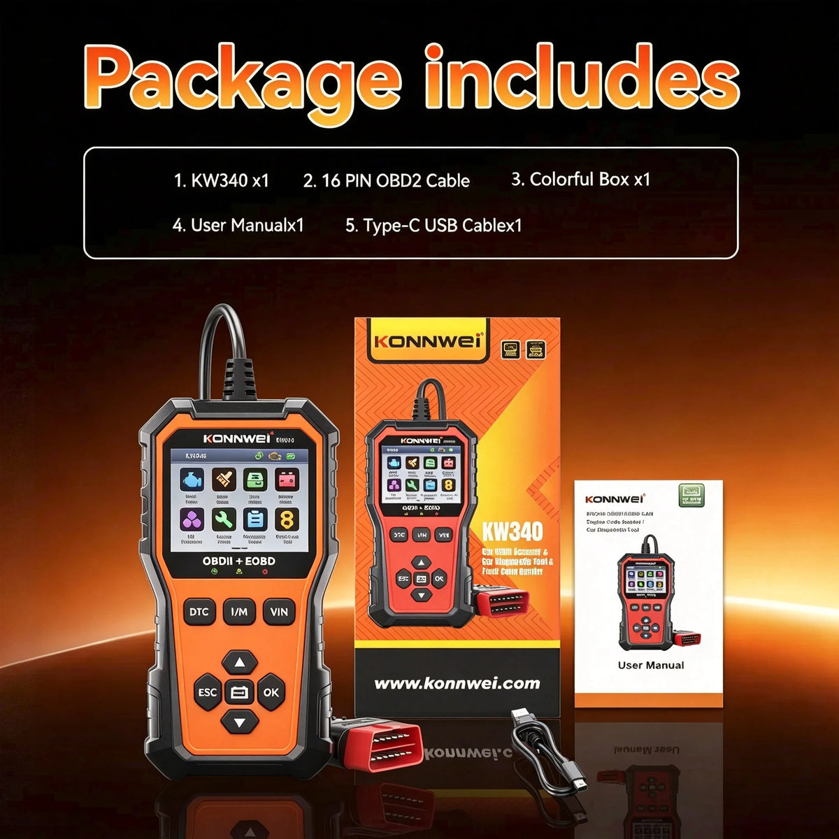 2026 KONNWEI KW340 OBD2 Vehicle Scanner Read Erase Fault Codes Diagnostic Report EVAP Test Auto Engine Trouble Code Reader