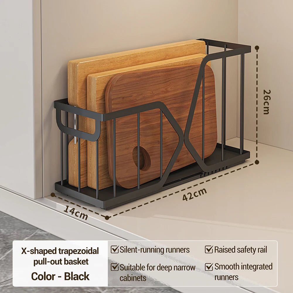 Pull-Out Cabinet Organizer, Carbon Steel Sliding Drawer Rack - Tool-Free Install - For Narrow Cabinets & Under Basin - Stores Cutting Boards, Baking Sheets, Pans, Spices - 1 Pack / 2 Packs