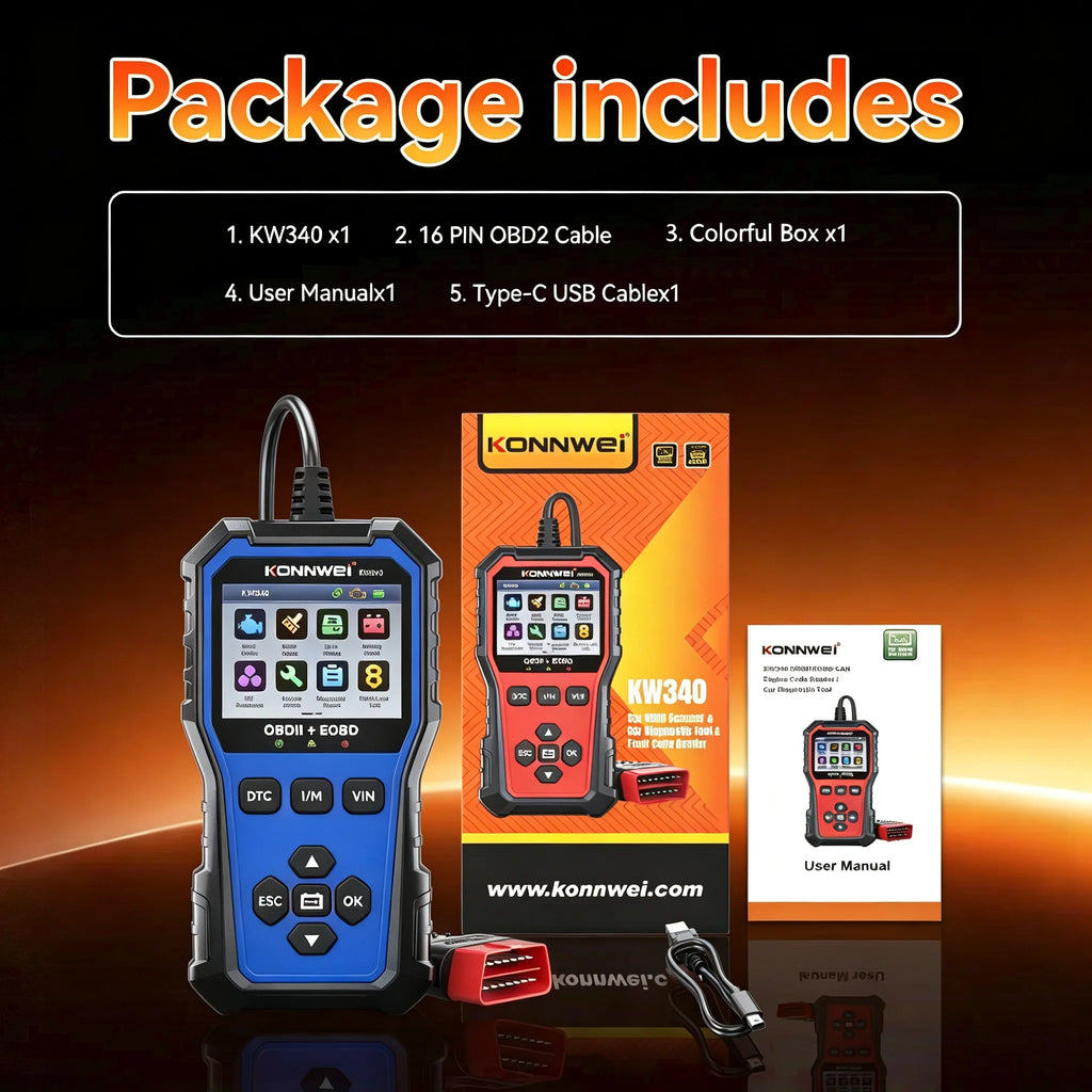 2026 KONNWEI KW340 OBD2 Vehicle Scanner Read Erase Fault Codes Diagnostic Report EVAP Test Auto Engine Trouble Code Reader