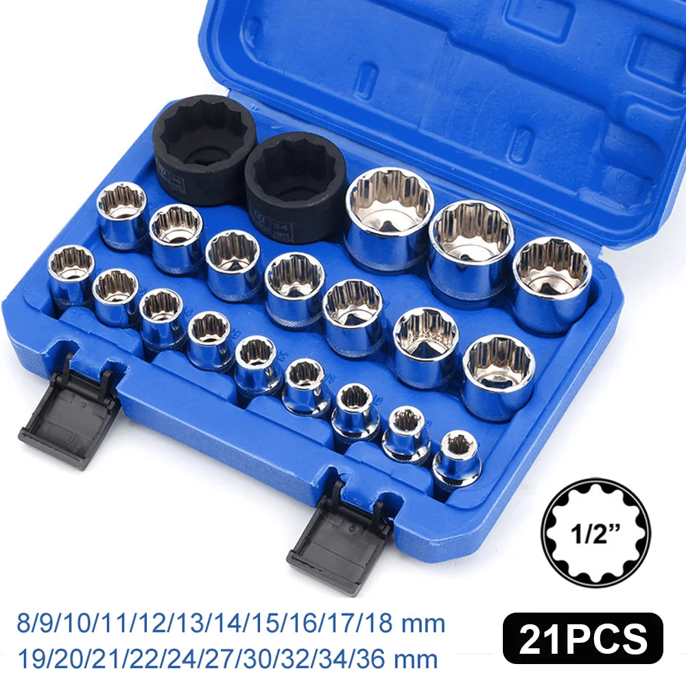 21pcs 8-36mm Gear Lock Socket Set Ratchet Wrench Tool 1/2 Torx Sockets Set 12-point Multi-Tooth Mechanic Socket Heads for Auto Repair