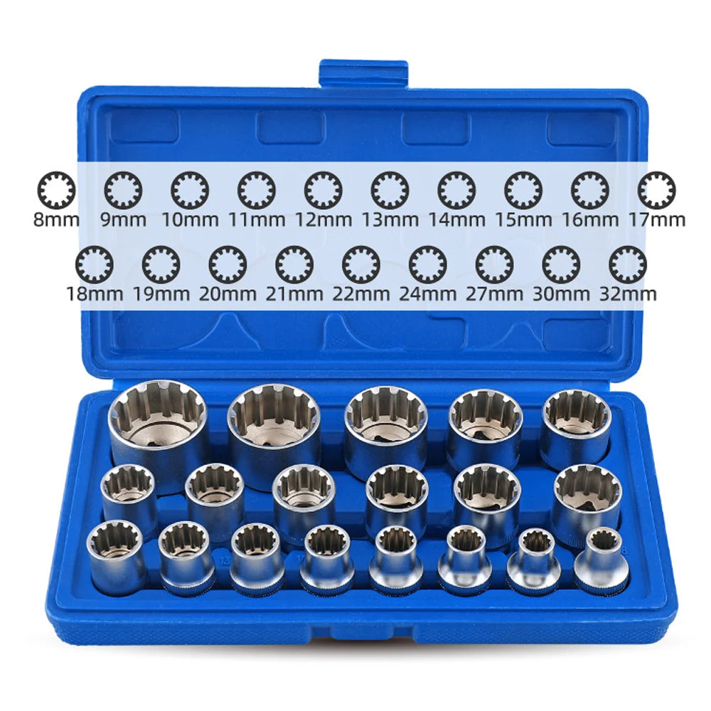 21pcs 8-36mm Gear Lock Socket Set Ratchet Wrench Tool 1/2 Torx Sockets Set 12-point Multi-Tooth Mechanic Socket Heads for Auto Repair