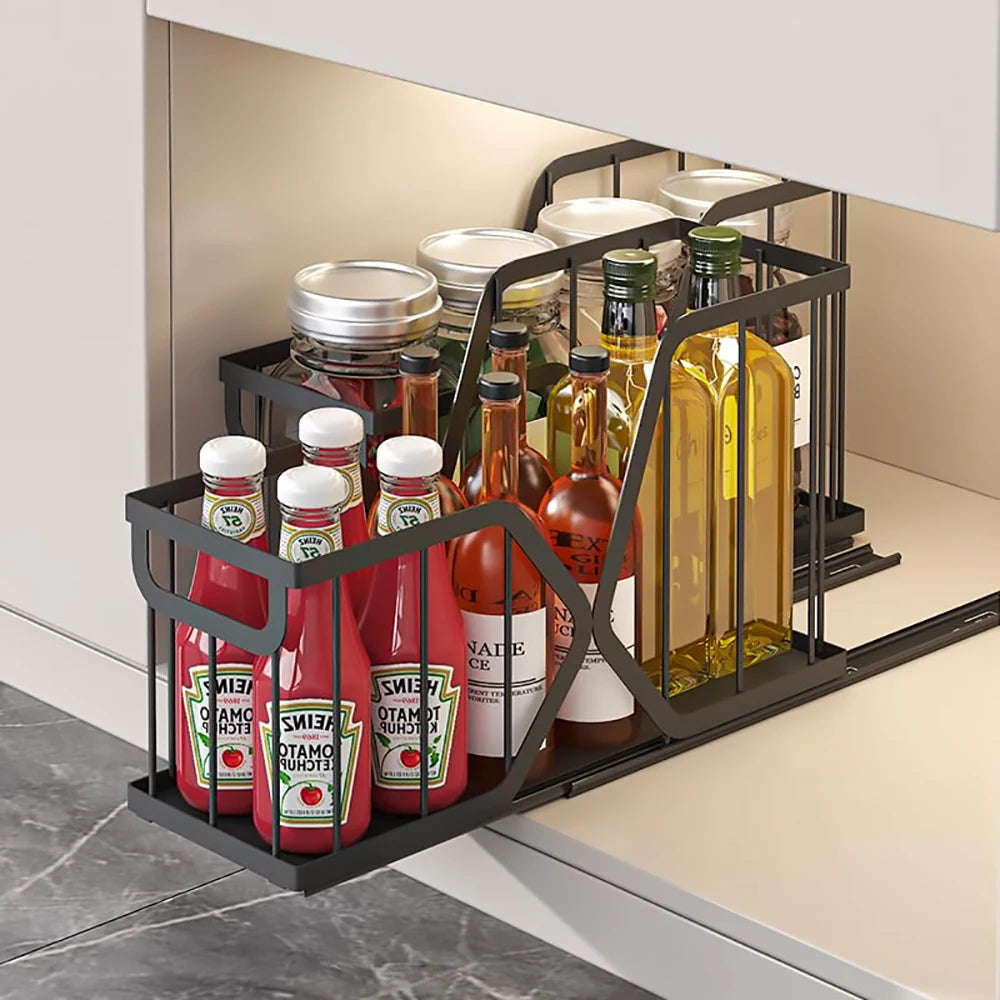 Pull-Out Cabinet Organizer, Carbon Steel Sliding Drawer Rack - Tool-Free Install - For Narrow Cabinets & Under Basin - Stores Cutting Boards, Baking Sheets, Pans, Spices - 1 Pack / 2 Packs