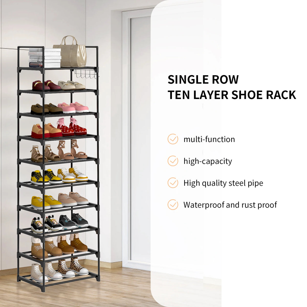 EFAN Shoe Rack, 10-Tier Metal Shoe Storage Organiser, Customisable Design, Metal Frame, Space-Saving Rack, for Room, Hallway
