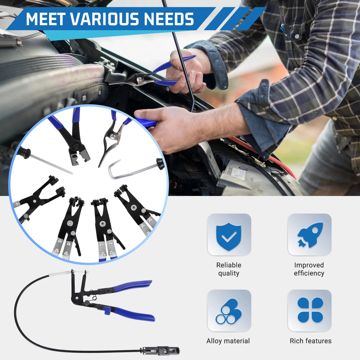 Podofo 9Pcs Wire Long Reach Hose Clamp Pliers Set Long Reach Flexible Wire Bend Type Plier Auto Fuel Oil Water Hose Clamp Remover Car Motor Repair Tools With Box Fuel Oil Water Hose Auto Tools