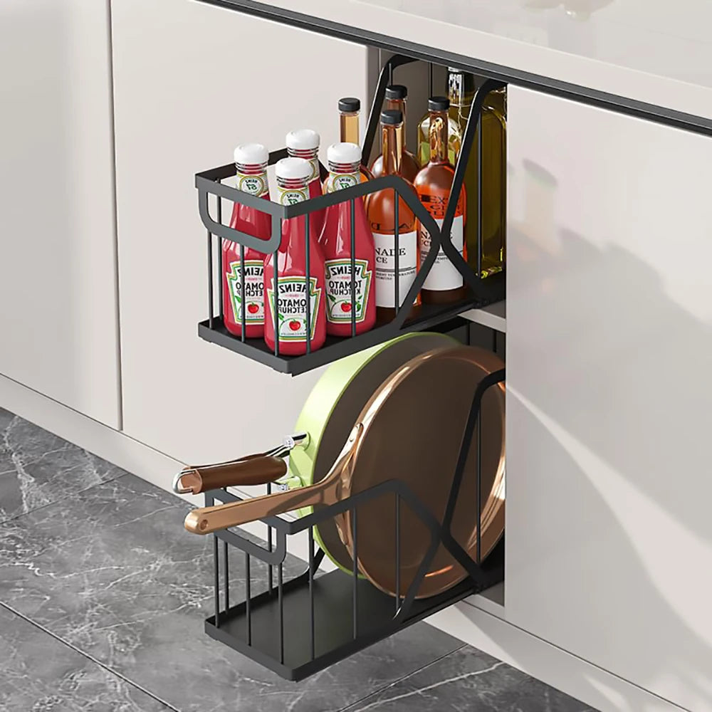 Pull-Out Cabinet Organizer, Carbon Steel Sliding Drawer Rack - Tool-Free Install - For Narrow Cabinets & Under Basin - Stores Cutting Boards, Baking Sheets, Pans, Spices - 1 Pack / 2 Packs