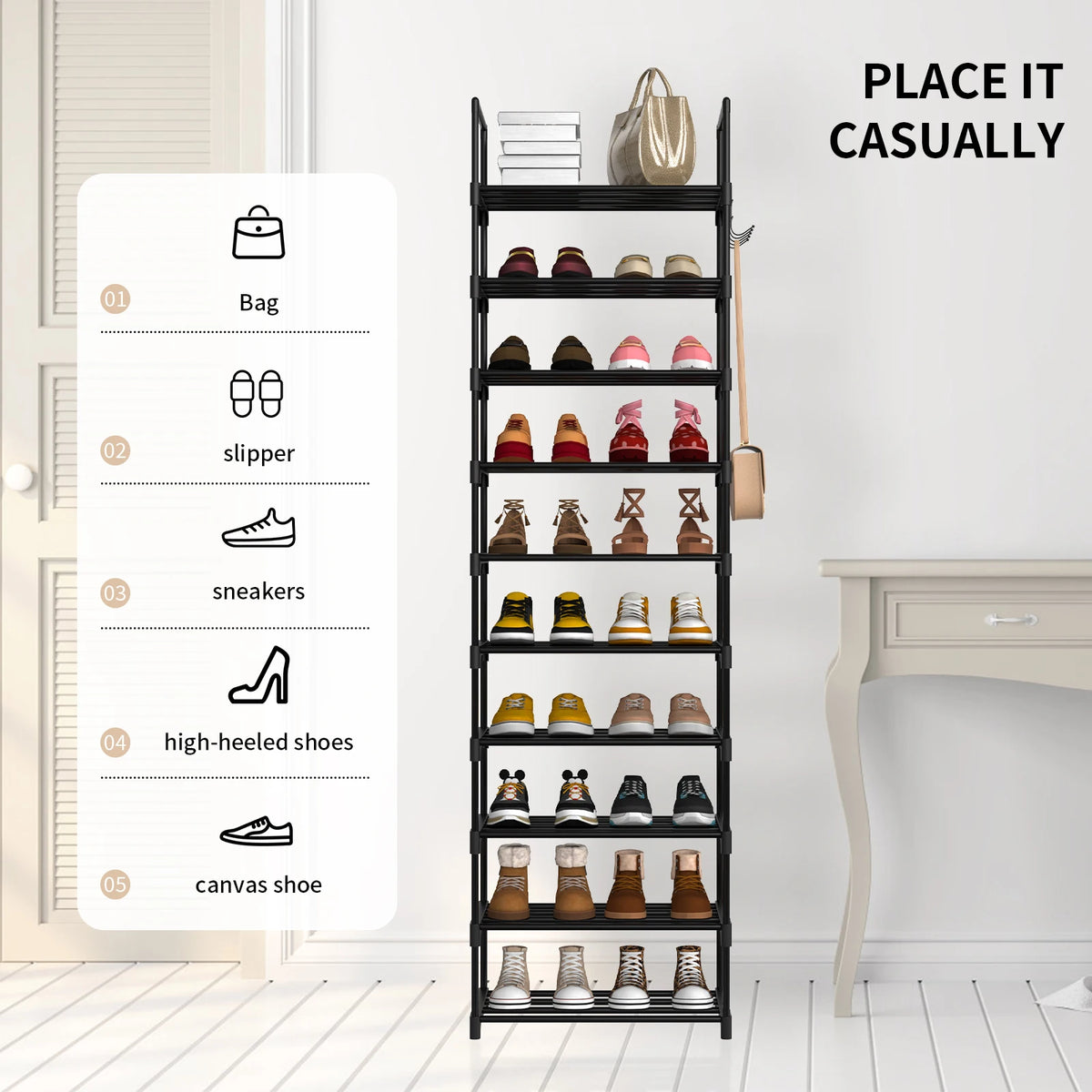 EFAN Shoe Rack, 10-Tier Metal Shoe Storage Organiser, Customisable Design, Metal Frame, Space-Saving Rack, for Room, Hallway