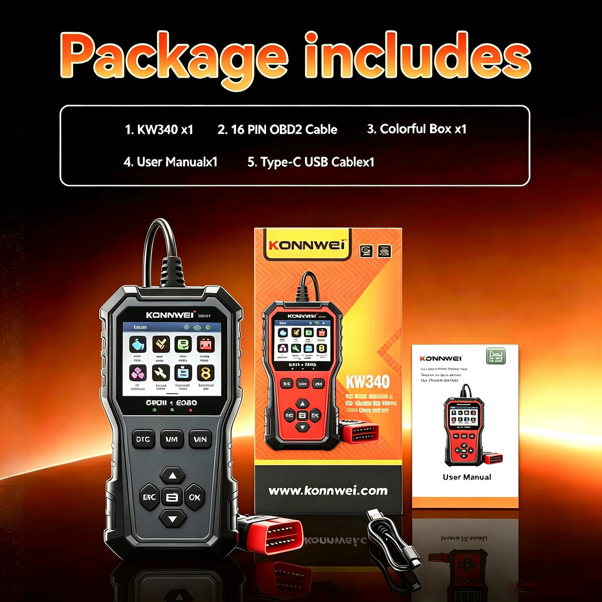 2026 KONNWEI KW340 OBD2 Vehicle Scanner Read Erase Fault Codes Diagnostic Report EVAP Test Auto Engine Trouble Code Reader