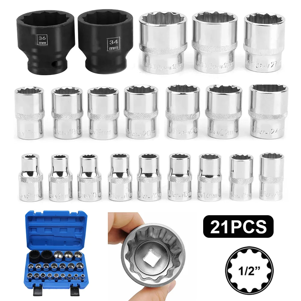 21pcs 8-36mm Gear Lock Socket Set Ratchet Wrench Tool 1/2 Torx Sockets Set 12-point Multi-Tooth Mechanic Socket Heads for Auto Repair