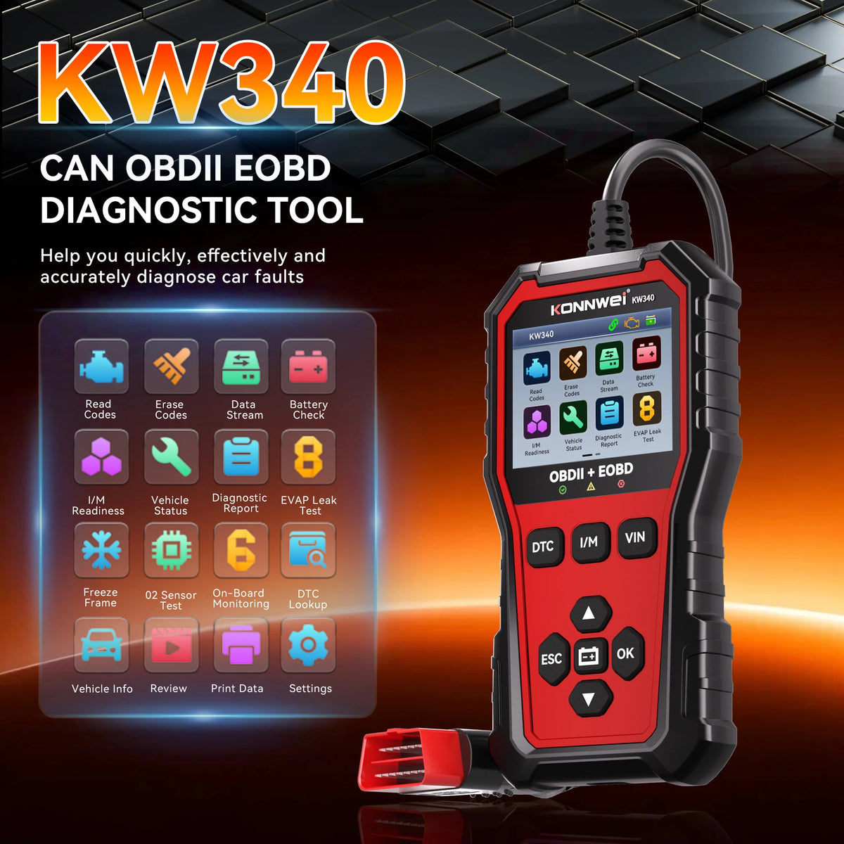 2026 KONNWEI KW340 OBD2 Vehicle Scanner Read Erase Fault Codes Diagnostic Report EVAP Test Auto Engine Trouble Code Reader