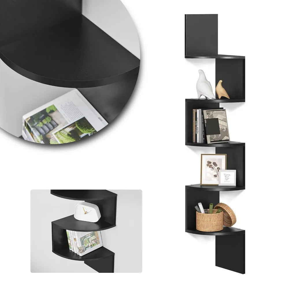 Corner Shelf 5 Tiers Floating Shelves Wall Mount Corner Shelves, Zigzag Bookshelf for Bedroom, Living Room, Office