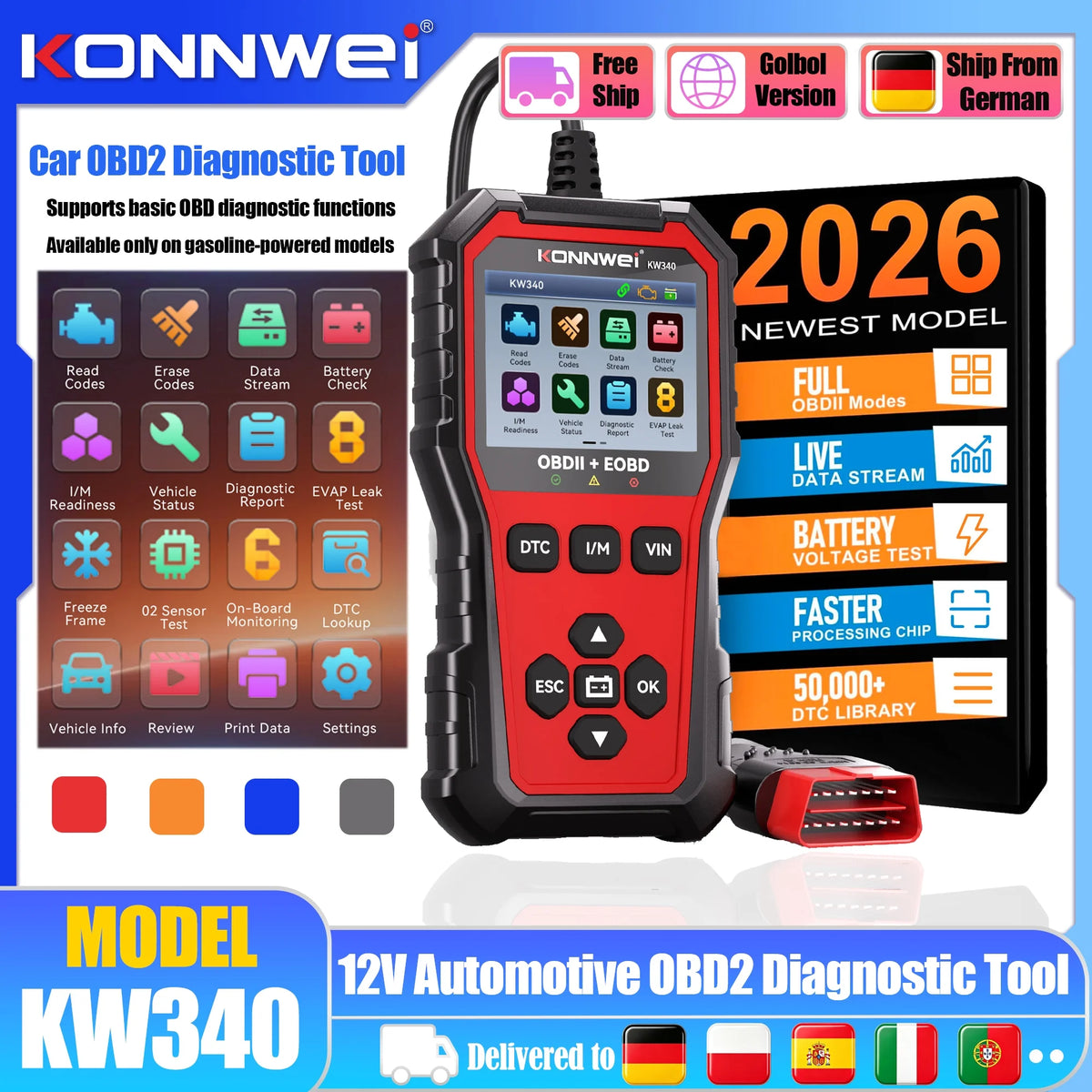 2026 KONNWEI KW340 OBD2 Vehicle Scanner Read Erase Fault Codes Diagnostic Report EVAP Test Auto Engine Trouble Code Reader