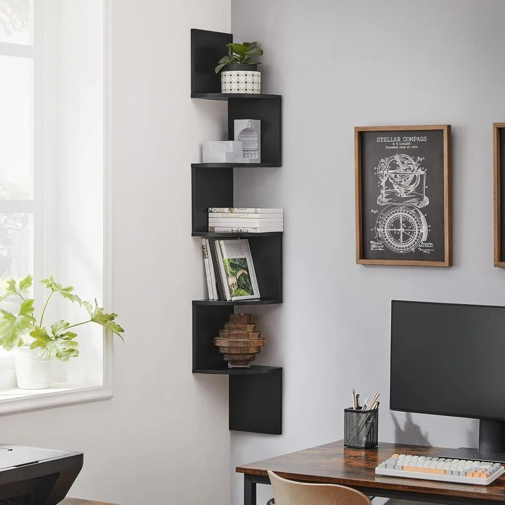 Corner Shelf 5 Tiers Floating Shelves Wall Mount Corner Shelves, Zigzag Bookshelf for Bedroom, Living Room, Office