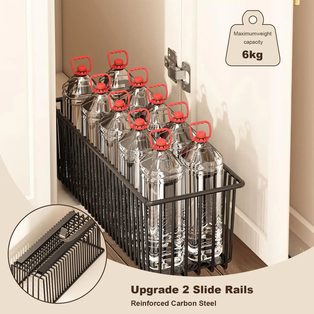 Pull-Out Cabinet Organizer, Carbon Steel Sliding Drawer Rack - Tool-Free Install - For Narrow Cabinets & Under Basin - Stores Cutting Boards, Baking Sheets, Pans, Spices - 1 Pack / 2 Packs