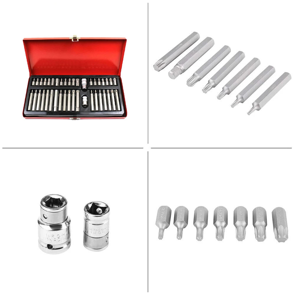 40PCS Torx Hex Spline Bit Socket Set with 1 Pair Work Gloves, CR-V Steel Drive Bits with Red Metal Storage Box, Professional Auto Repair Mechanic Tool Kit Compatible with Ratchet Wrench, Electric Drill for Garage DIY Househol