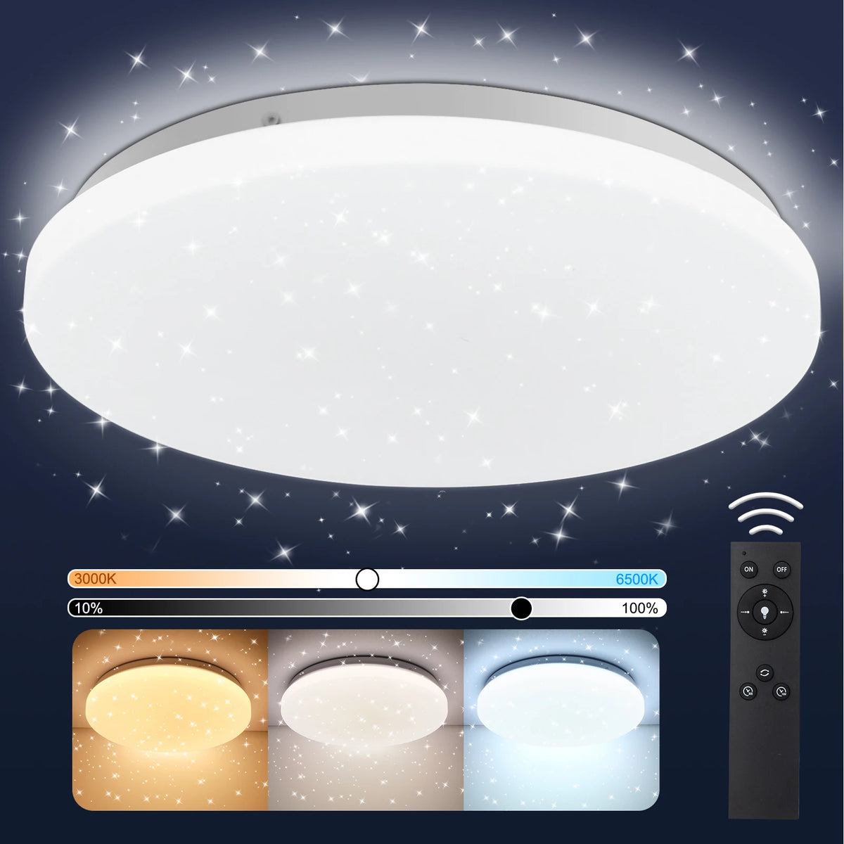 28CM Dimmable LED Ceiling Light, 24W 2400lm, with Remote Control, Starry Sky Design, for Bedroom and Living Room, 3000k–6500K