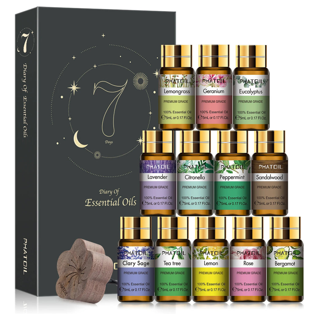 PHATOIL Coffret cadeau de 12 huiles essentielles 100 % naturelles pour humidificateurs, diffuseurs, massages et spa (lavande, citronnelle, arbre à thé, citronnelle)