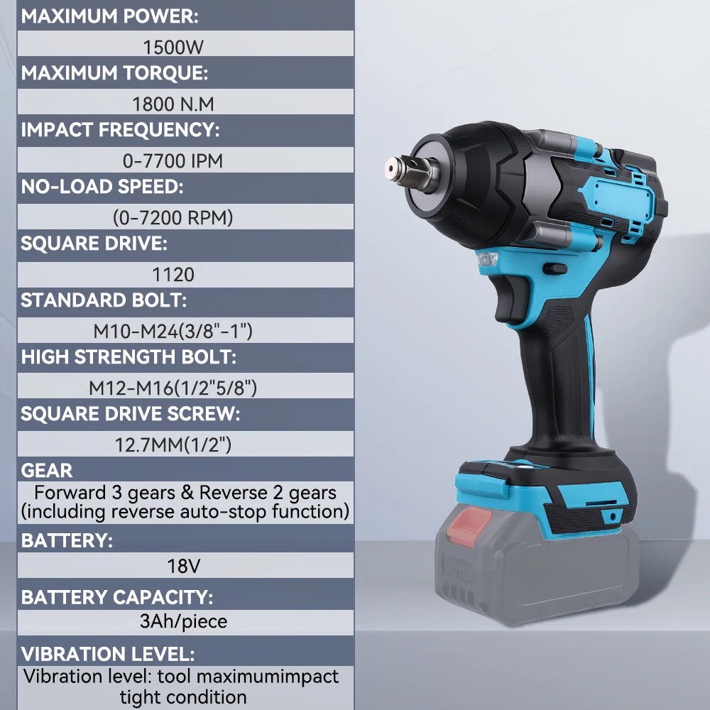 Podofo 1800 N.m Brushless Cordless Electric Impact Wrench 3 Speed Adjustable Power Handheld Screwdriver Car Truck Lawn Mower Maintenance Impact Wrench Car Repair Tool
