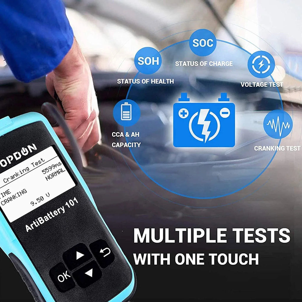 TOPDON AB101 12V Car Battery Tester Analyzer Load Test for Car Truck Motorcycle Car Battery Load Tester on Cranking Charging Systems 100-2000 CCA Automotive Alternator