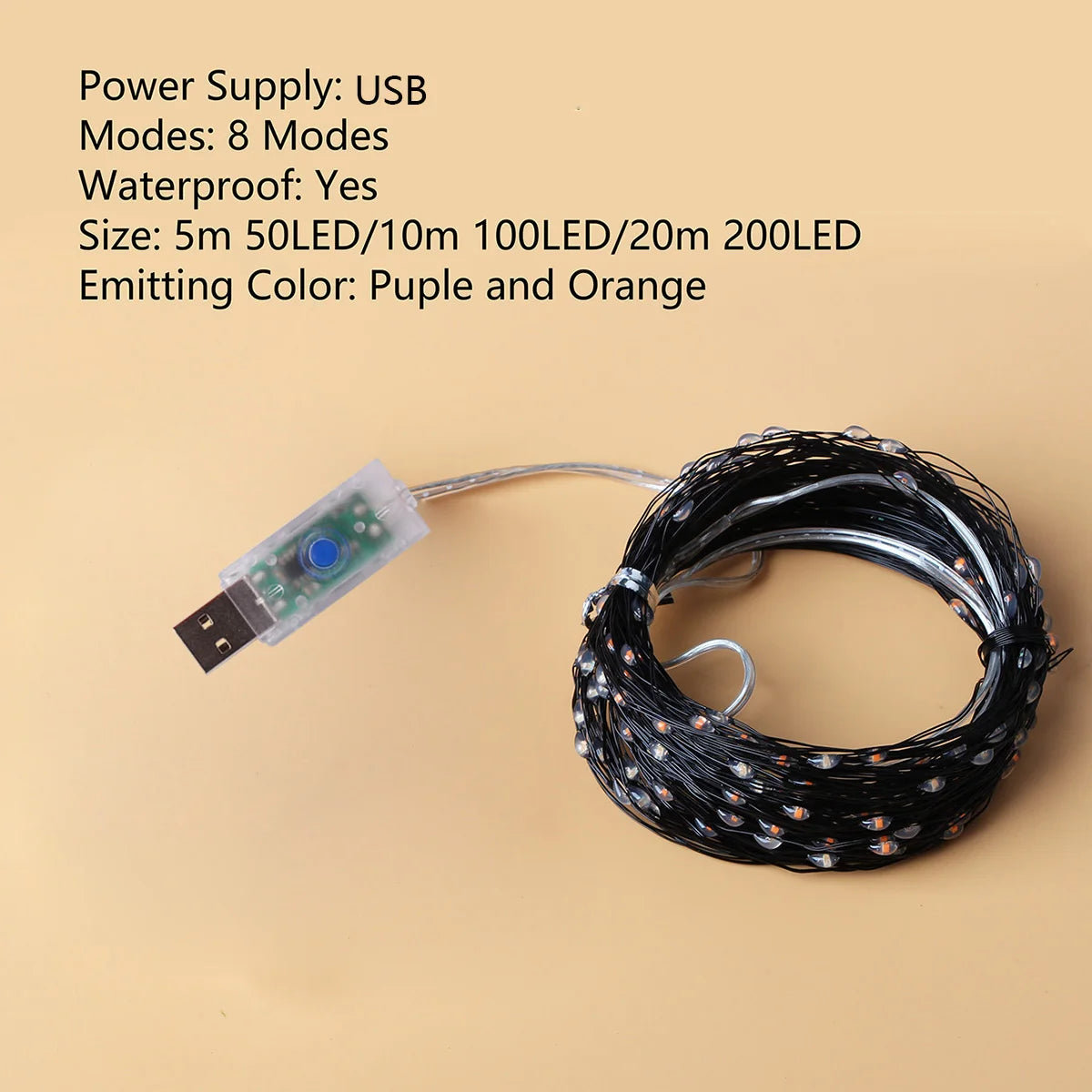 5M-20M LED Purple Orange String Light Fairy Outdoor USB Powered Halloween Lights For Christmas Party Garden Halloween Decoration