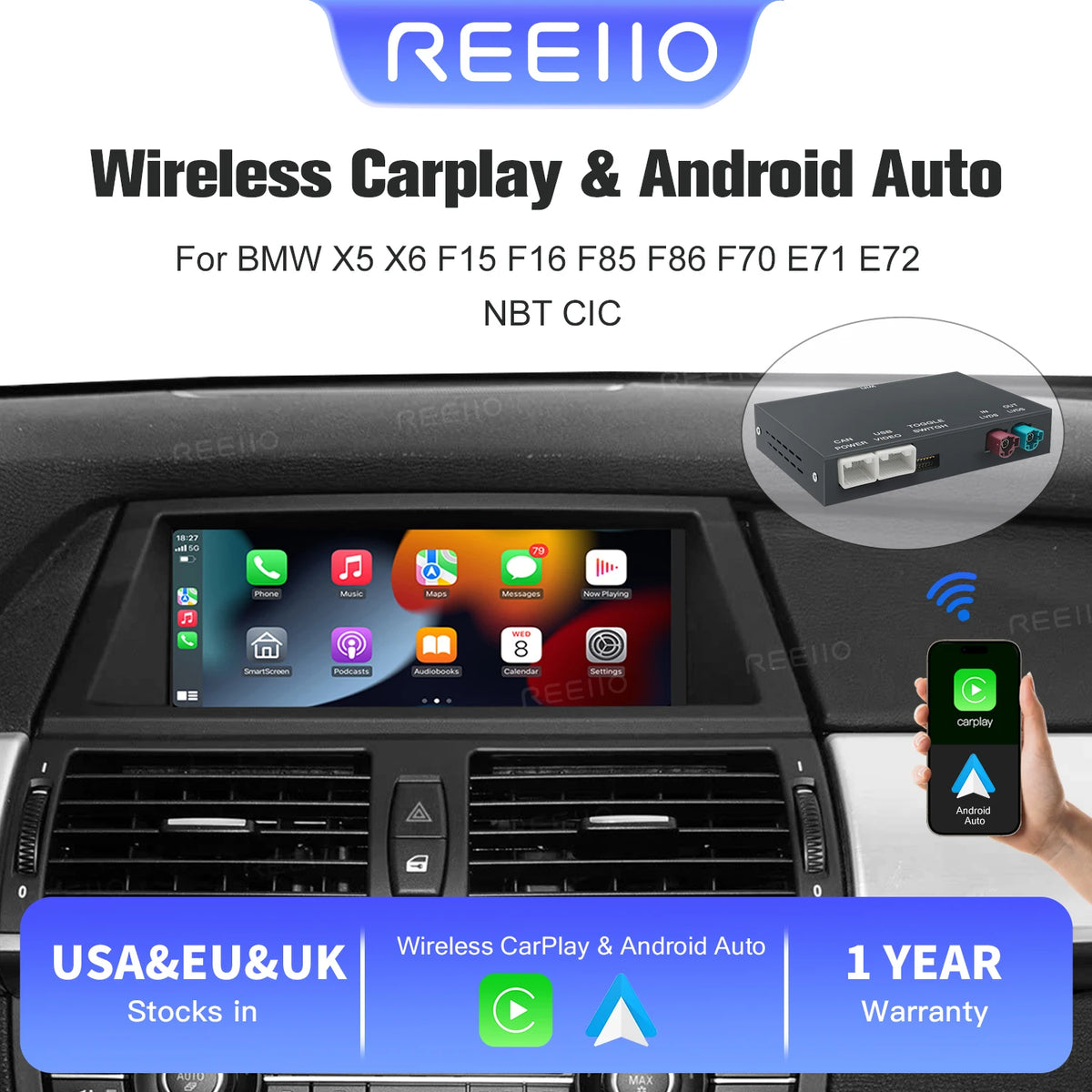 REEIIO For BMW X5 X6 F15 F16 F85 F86 F70 E71 E72 NBT CIC Wireless CarPlay Support for Android Auto AirPlay Mirroring Camera