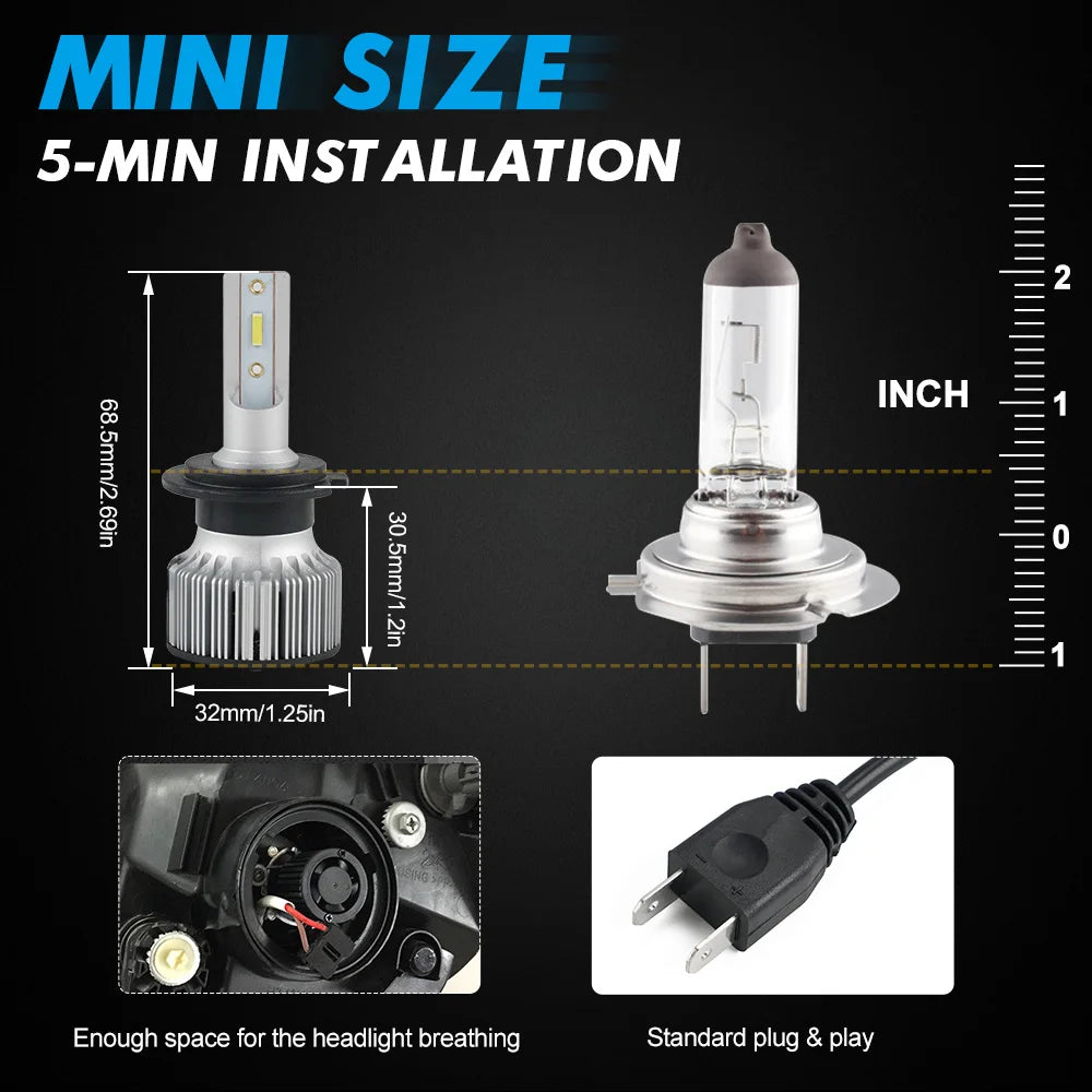 BEVINSEE H7 LED Bulb H4 LED headlight Hi/Lo Beam LED Auto Headlamp Mini Size Plug&Play 6000K White 12V, Halogen Replacement Lamp