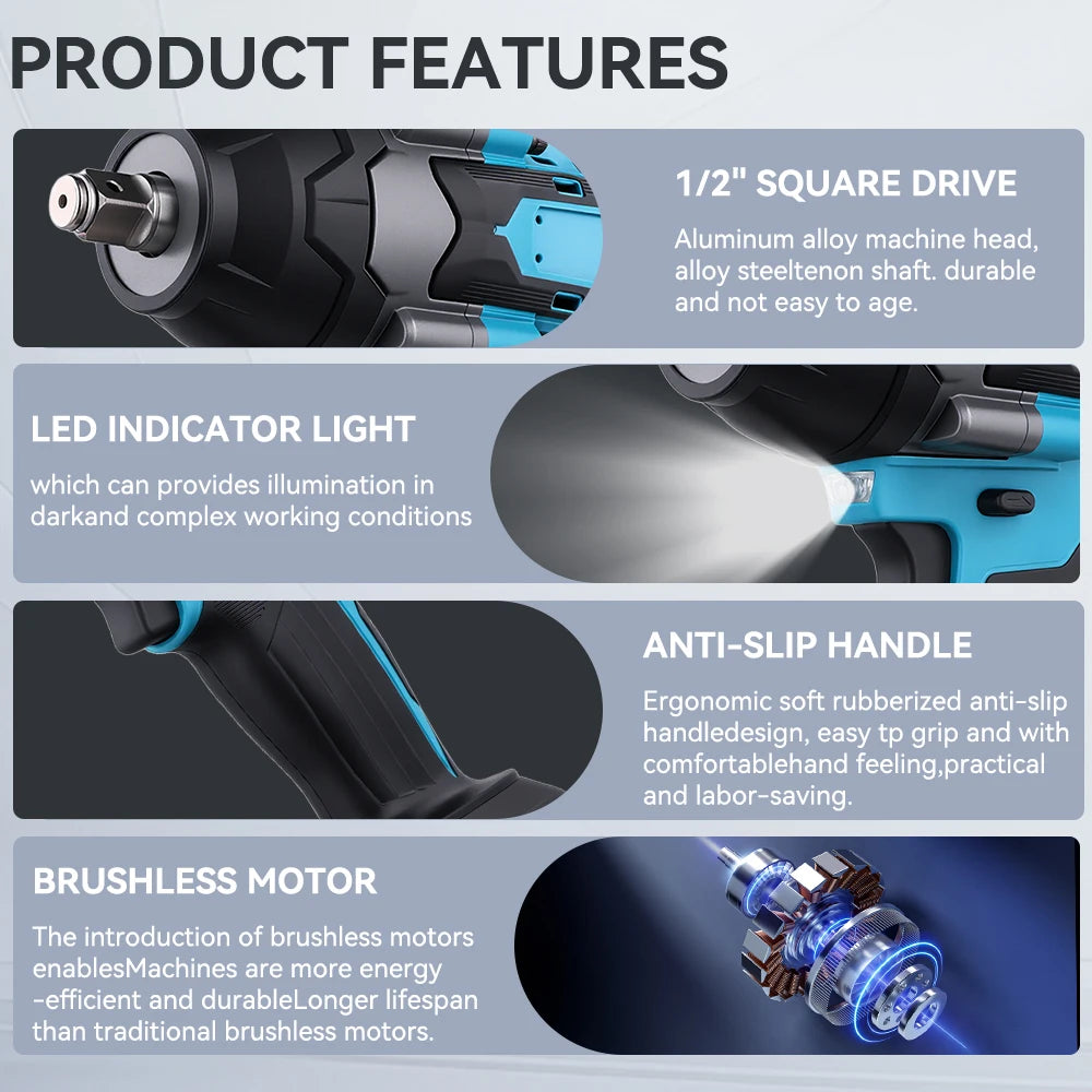 Podofo 1800 N.m Brushless Cordless Electric Impact Wrench 3 Speed Adjustable Power Handheld Screwdriver Car Truck Lawn Mower Maintenance Impact Wrench Car Repair Tool