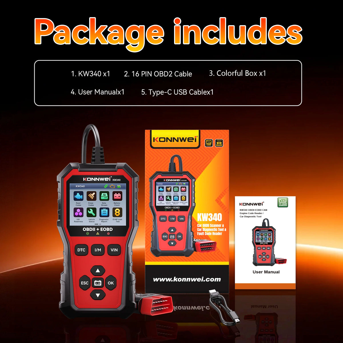 2026 KONNWEI KW340 OBD2 Vehicle Scanner Read Erase Fault Codes Diagnostic Report EVAP Test Auto Engine Trouble Code Reader