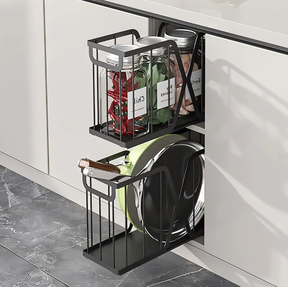 Pull-Out Cabinet Organizer, Carbon Steel Sliding Drawer Rack - Tool-Free Install - For Narrow Cabinets & Under Basin - Stores Cutting Boards, Baking Sheets, Pans, Spices - 1 Pack / 2 Packs