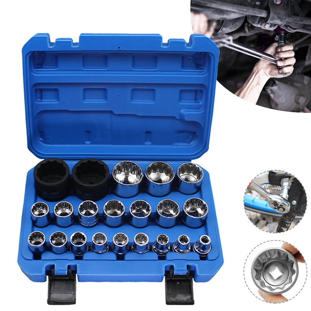 21pcs 8-36mm Gear Lock Socket Set Ratchet Wrench Tool 1/2 Torx Sockets Set 12-point Multi-Tooth Mechanic Socket Heads for Auto Repair