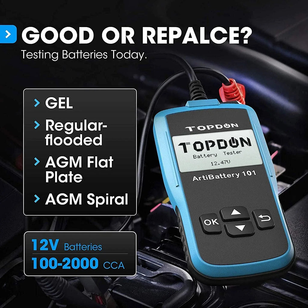 TOPDON AB101 12V Car Battery Tester Analyzer Load Test for Car Truck Motorcycle Car Battery Load Tester on Cranking Charging Systems 100-2000 CCA Automotive Alternator