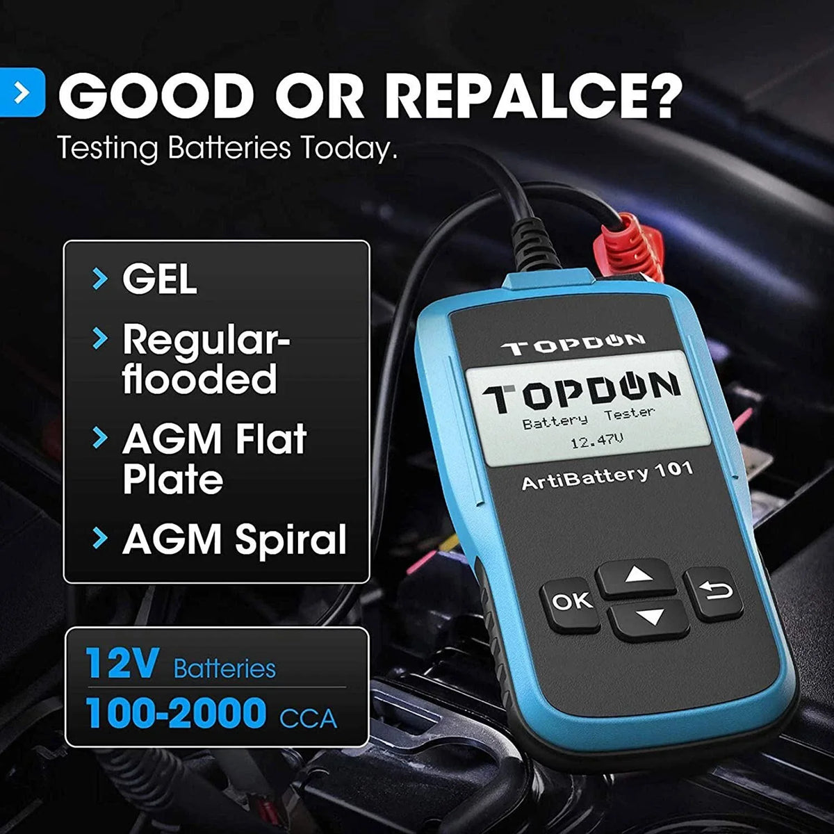 TOPDON AB101 12V Car Battery Tester Analyzer Load Test for Car Truck Motorcycle Car Battery Load Tester on Cranking Charging Systems 100-2000 CCA Automotive Alternator