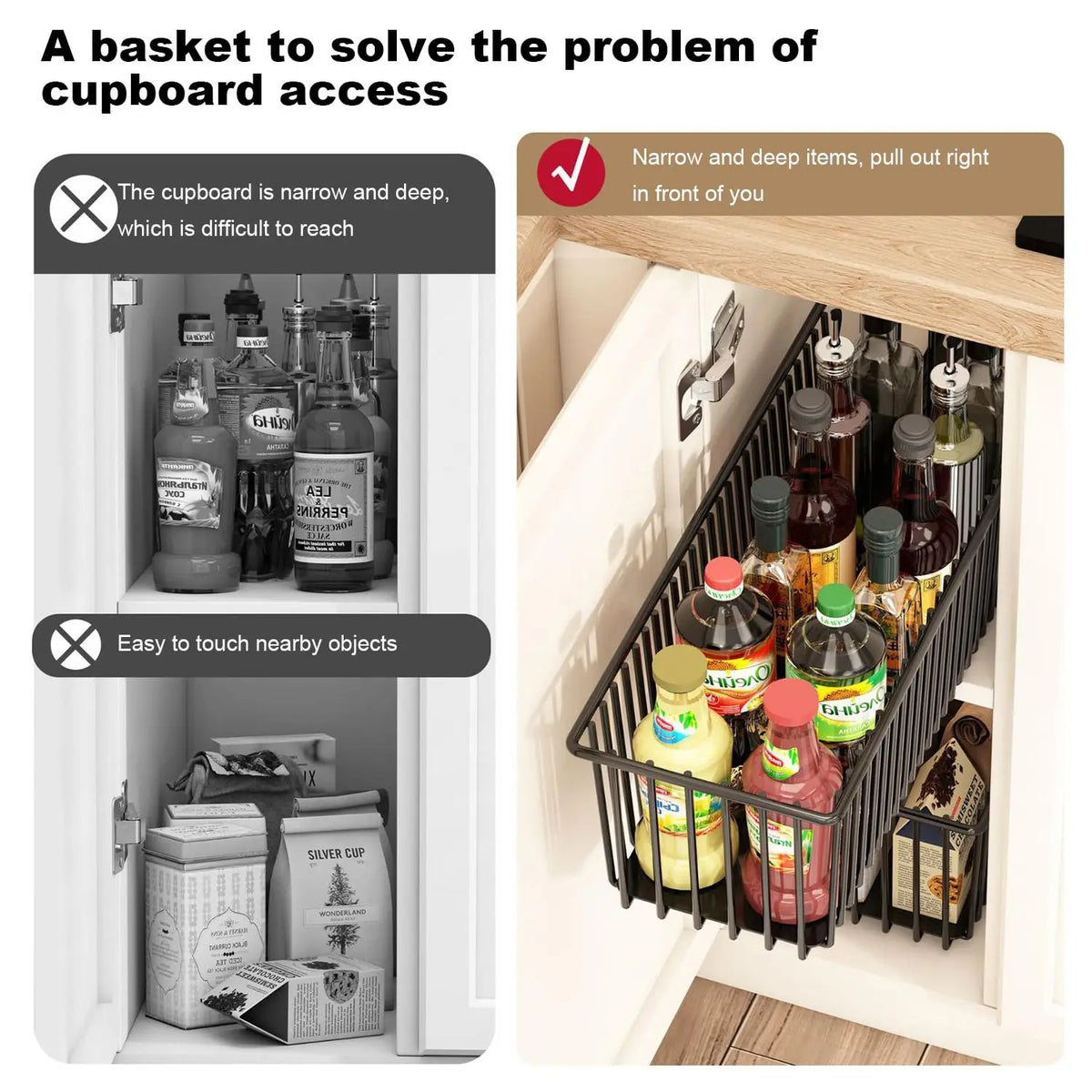 Pull-Out Cabinet Organizer, Carbon Steel Sliding Drawer Rack - Tool-Free Install - For Narrow Cabinets & Under Basin - Stores Cutting Boards, Baking Sheets, Pans, Spices - 1 Pack / 2 Packs